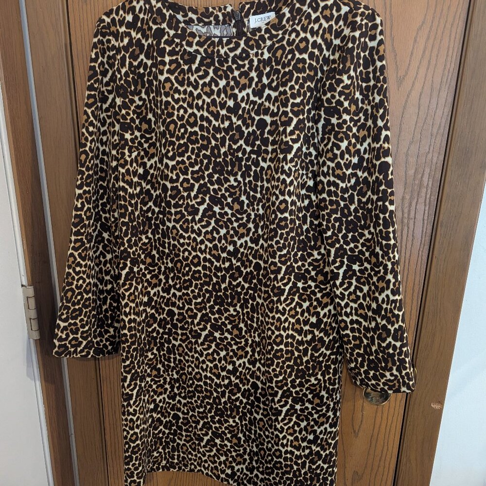 J. Crew Shift Dress Animal Print 3/4 Sleeve Zip Back Black Brown-6